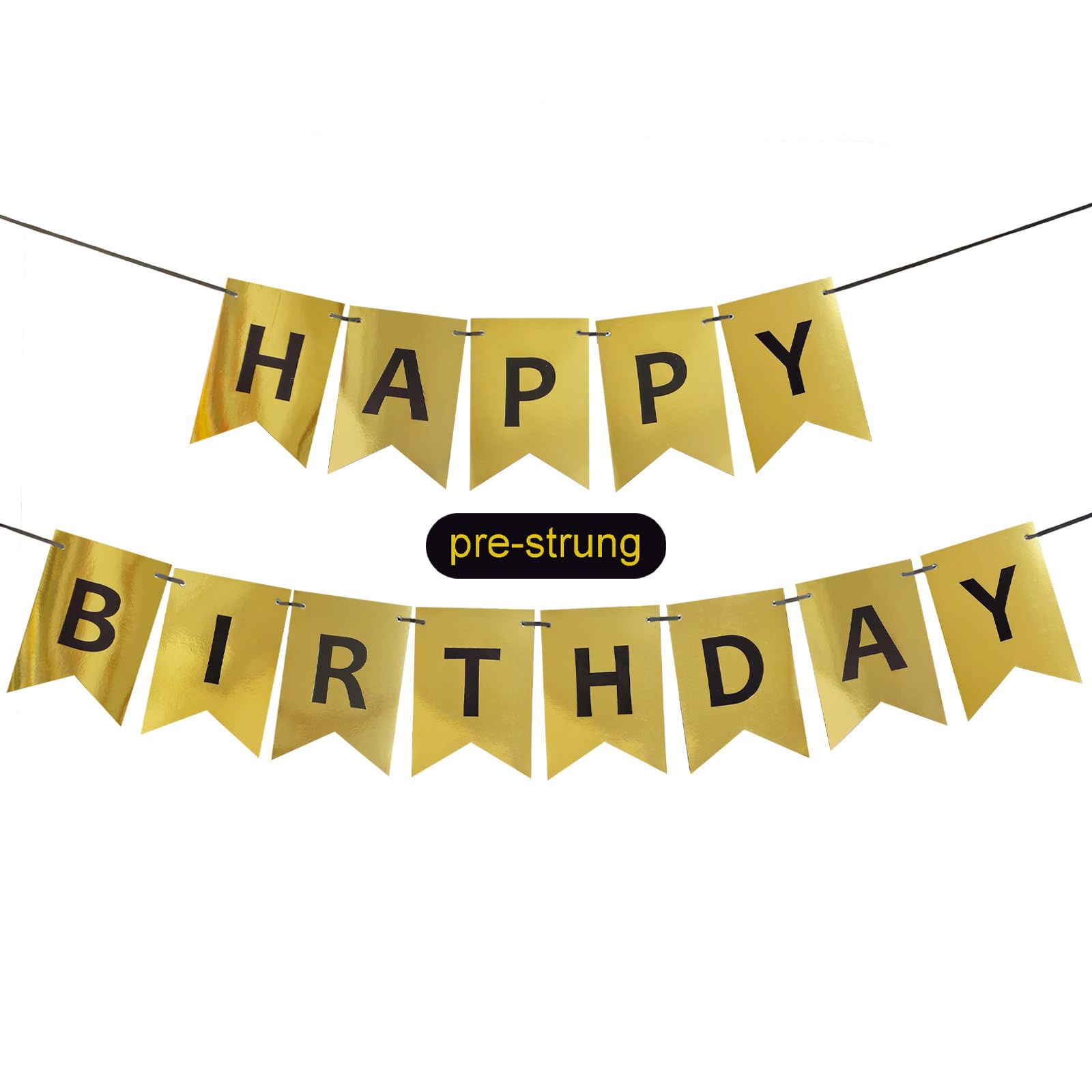 Gold Happy Birthday Banner,Pre-Strung Gold and Black Birthday Party Decorations,16ft Hanging Sign for Kids, Girls, Boys, Women – No DIY, Backdrop Supplies