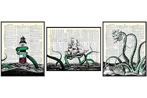 Octopus Kraken Dictionary Wall Art Print Set - Nautical Tapestry