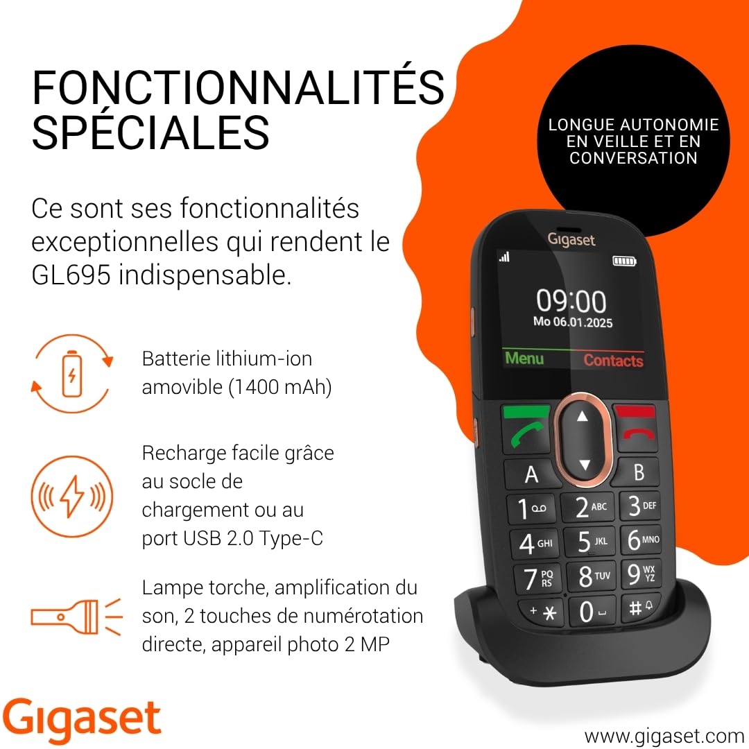 Gigaset GL695 téléphone Senior à Grandes Touches 4G Volte écran IPS 2,31" Batterie 1400 mAh Audio Boost Touche SOS Bluetooth 5.0 Noir