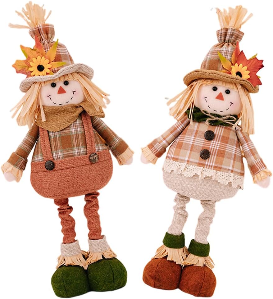 Thanksgiving Scarecrow Doll Decorations Scarecrow Decor Fall Figurine Autumn Decoration Cute Sunflower Maple Leaf Scarecrow Stretch Doll for Harvest Season Home Decoration, Boy Girl