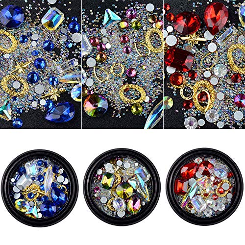 3 Boxes Crystal AB Nail Art Rhinestones Blue Red Nail Diamonds Gold Metal Manicure 3D Decoration