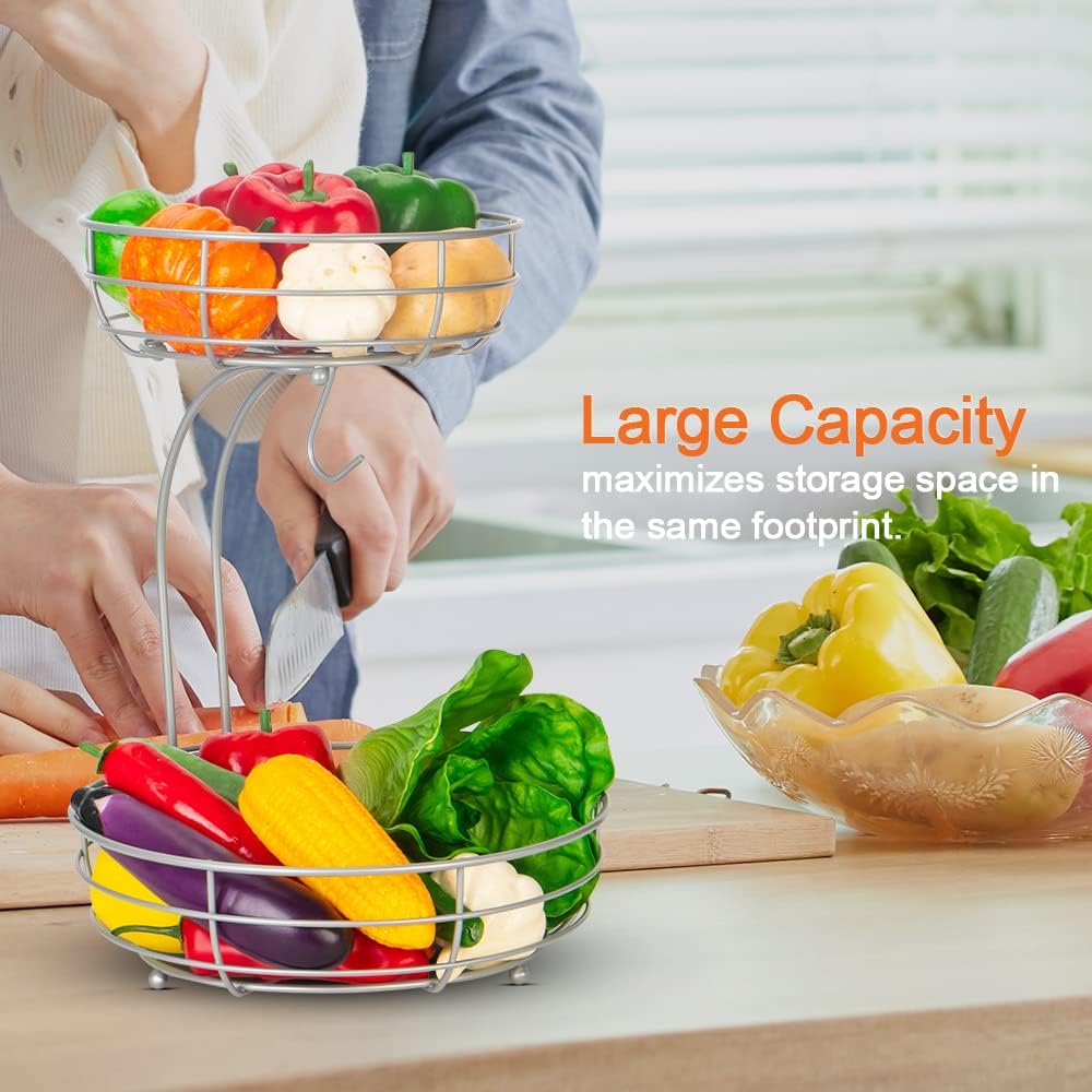 Kufutee 2-Tier Countertop Fruit Basket Bowl With Banana Hanger,Silver 64 ounces