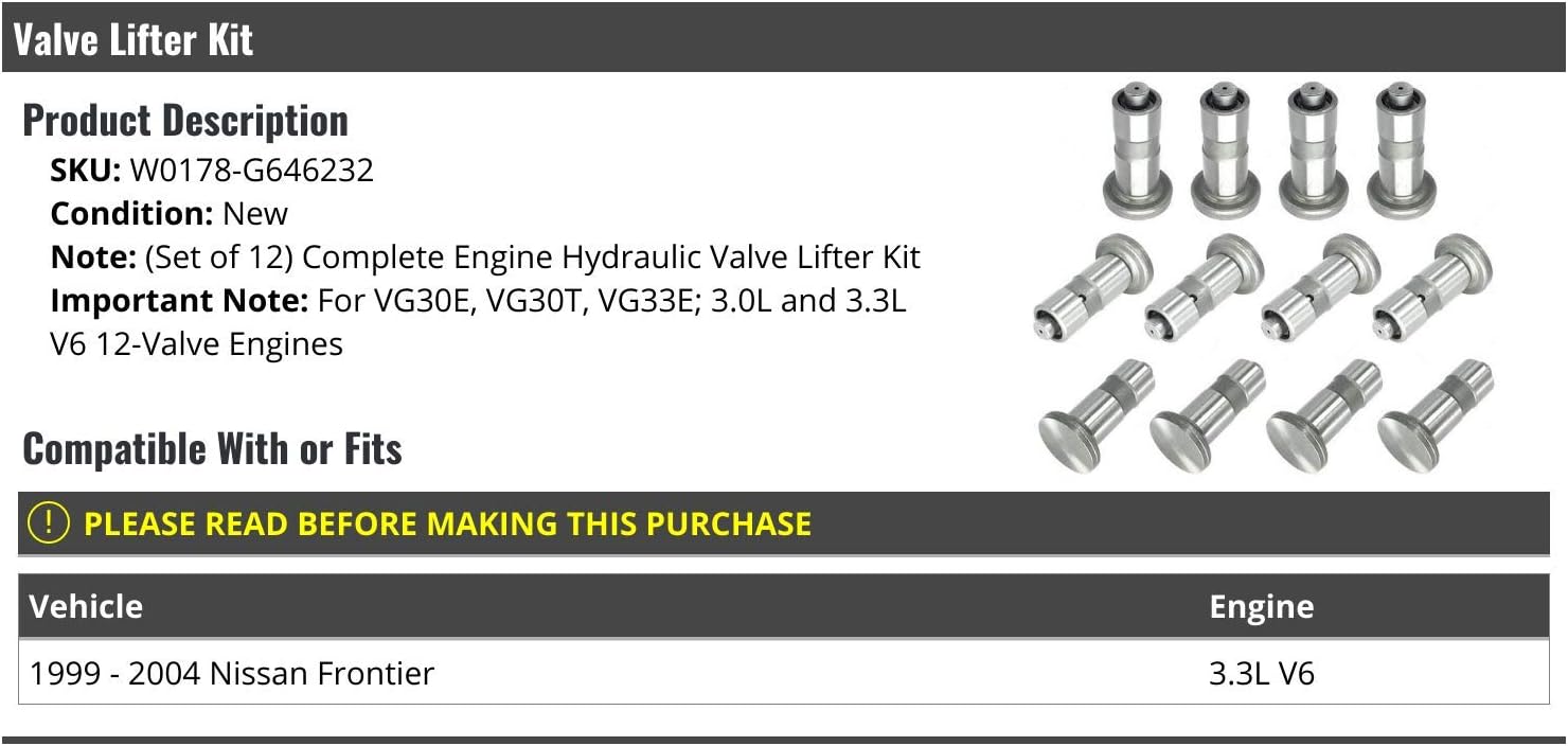 Marketplace Auto Parts Engine Hydraulic Valve Lifter Kit (Set of 12) - Compatible with 1999-2004 Nissan Frontier 3.3L V6