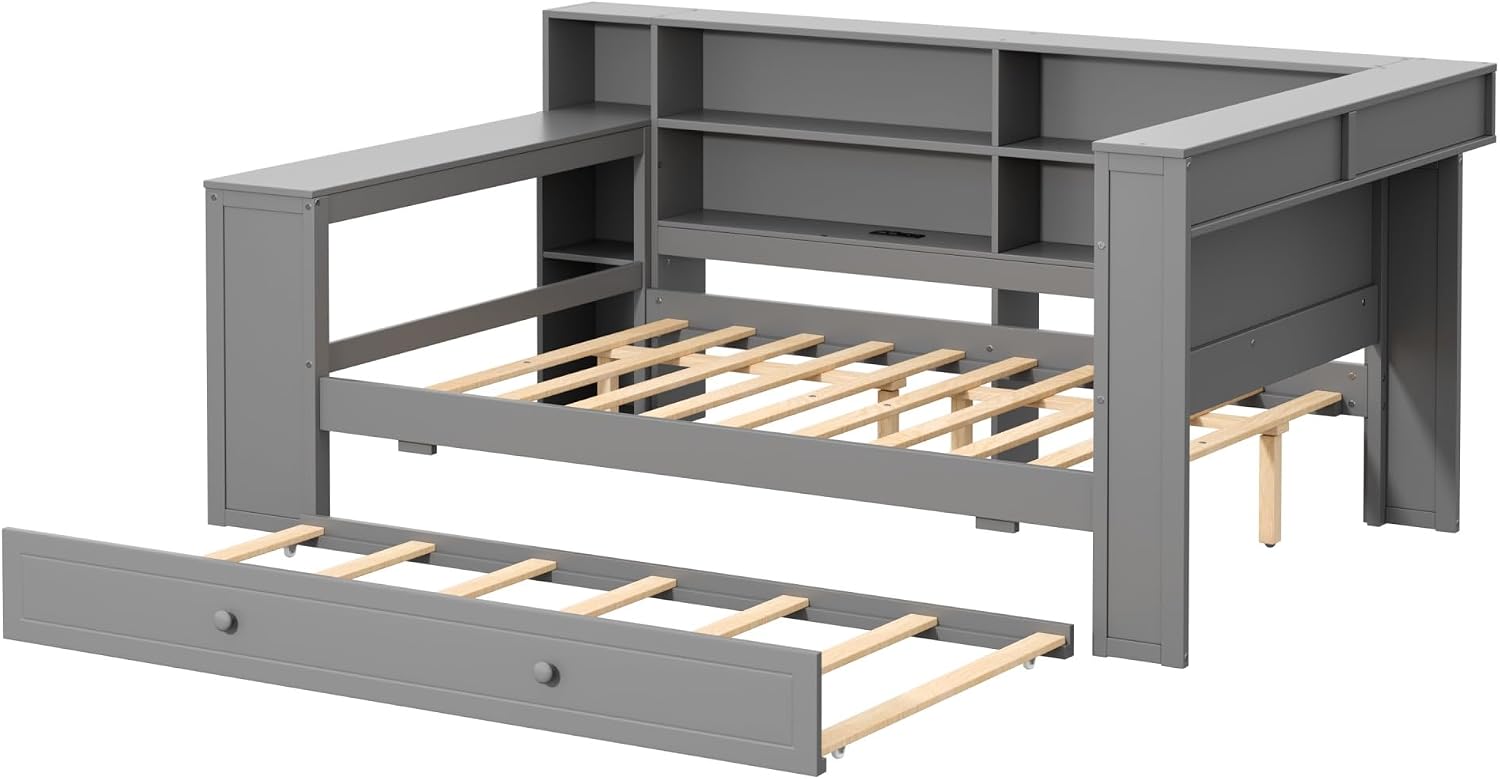 Full Size Daybed with Trundle, Storage Shelves and Desk, Wood Corner Bed with Upholstered LED Headboard and Charging Station for Kids Boys Girls Teens, Grey