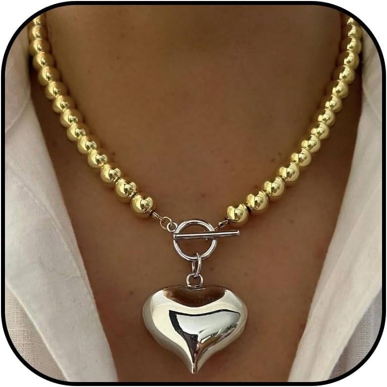 Chunky Gold Necklace for Women Beaded Chain Paperclip Heart Pendant Necklace Statement Fashion Outfits Accessories Jewelry Gift
