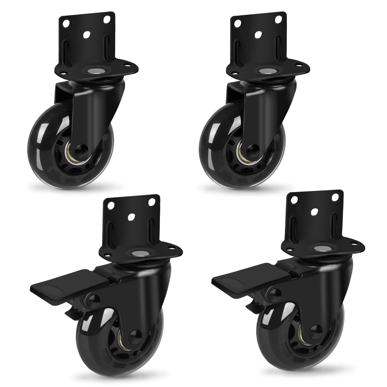 Hirate 2.5" L-Shaped Plate Swivel Caster with Brake Dual Bearing Mute Industrial Casters Wheels Loading Capacity 500 Lbs for Carts Trolley (2 with Brakes & 2 Without)