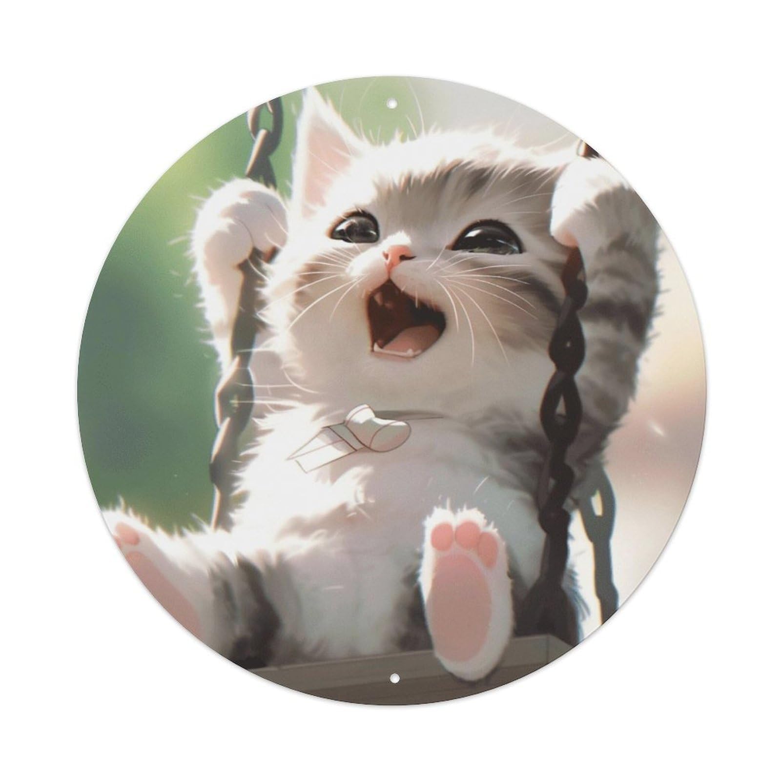 Cute Kitten Swinging Vintage Metal Tin Sign Plaque Wall Decor for Cafe, Club, Garden Round Metal Poster 8x8Inch