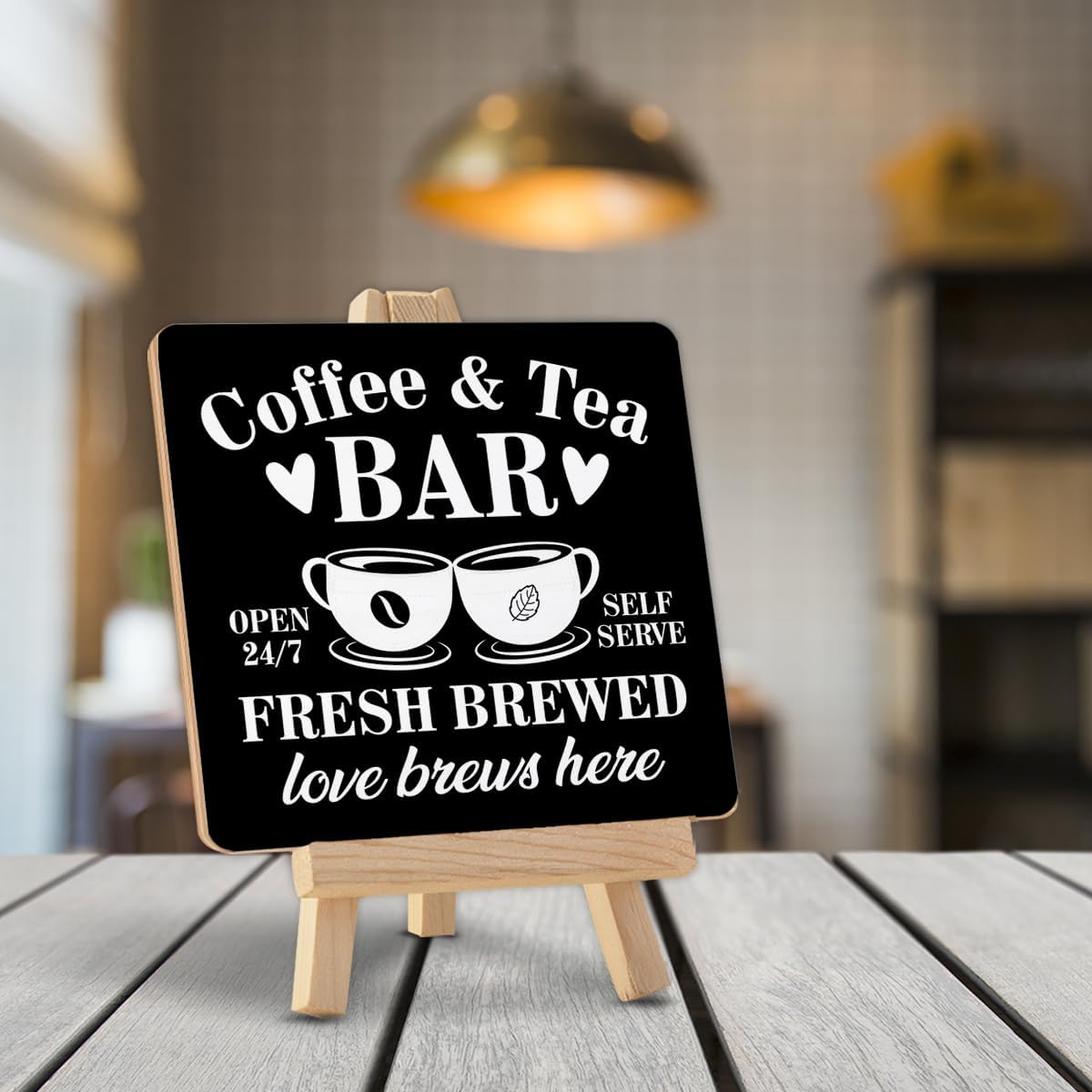 Coffee Tea Bar Desk Decor, Coffee and Tea Bar Wood Sign with Easel Home Kitchen Coffee Bar Coffee Shop Shelf Table Desk Decorations image 4 of 7 B0DL57W4NZ