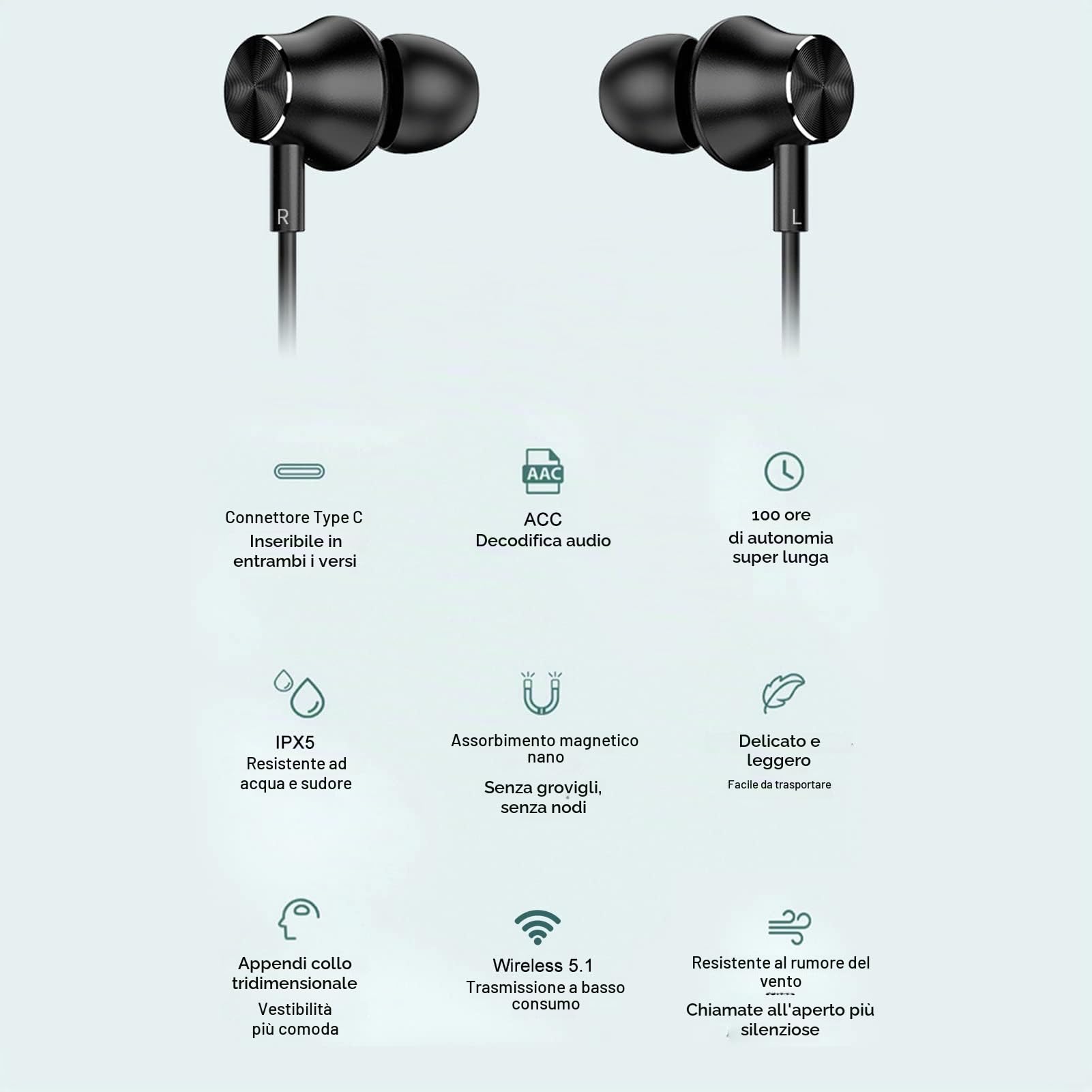 LICAEVEY Cuffie Bluetooth con Archetto da Collo, 100 Ore di Autonomia Multifunzione IPX5 Impermeabile con Cancellazione del Rumore HiFi Stereo Auricolari Bluetooth con Bassi Profondi per