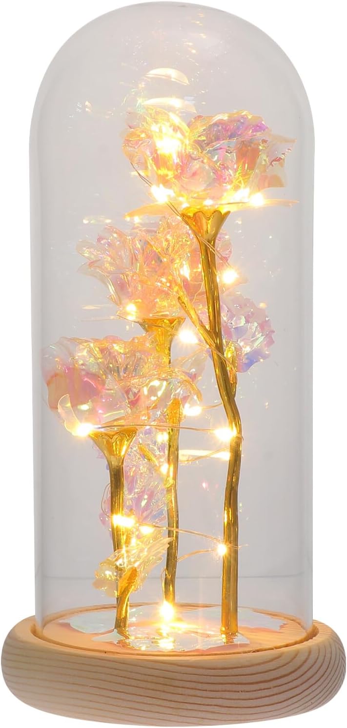 Gold Foil Rose Flower Glass Dome Lamp with LED Warm White Light, Delicate Glowing Desktop Decor for Home and Office, Indoor Figurine Lighting Ornament
