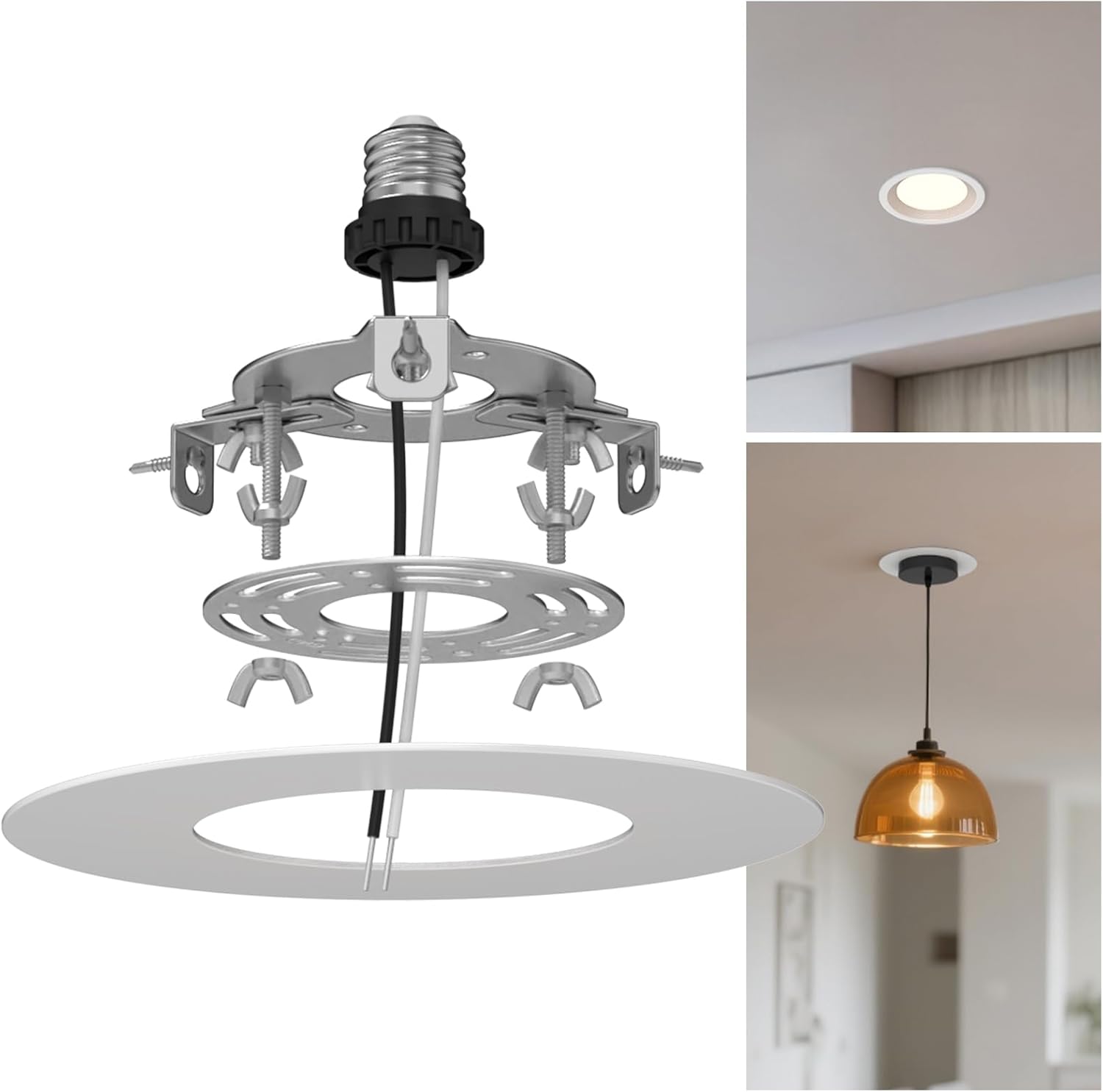 gezee 5/6 inch Recessed Can Light Conversion Kit, for Ceiling Light Fixture, Pendant Light, Hanging Light, Ceiling Fan, with 7¾ Beveled & Flat, Steel,Medallion, White Finish