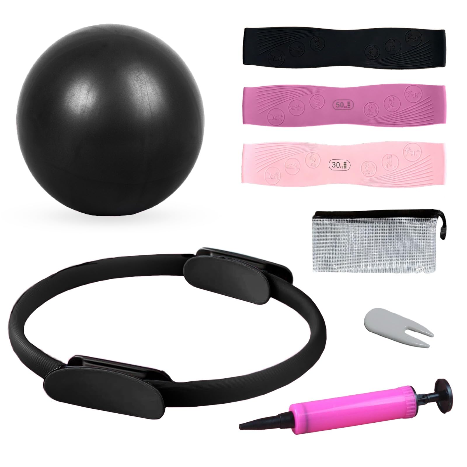 Premium Pilates Equipment Home Set with Pilates Ring, 3 Pilates Resistance Bands, Yoga Ball & Pump – Full Body Workout Kit with Cushioned Pads & Carry Pouch for Home Fitness Training.