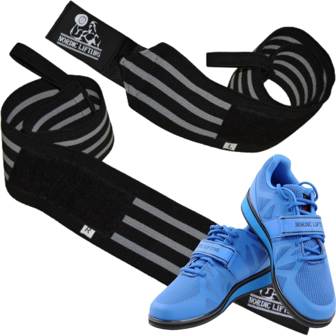 Nordic Lifting Super Heavy Duty Wrist Wraps - Black Grey Bundle with Shoes Megin Size 8.5 - Blue