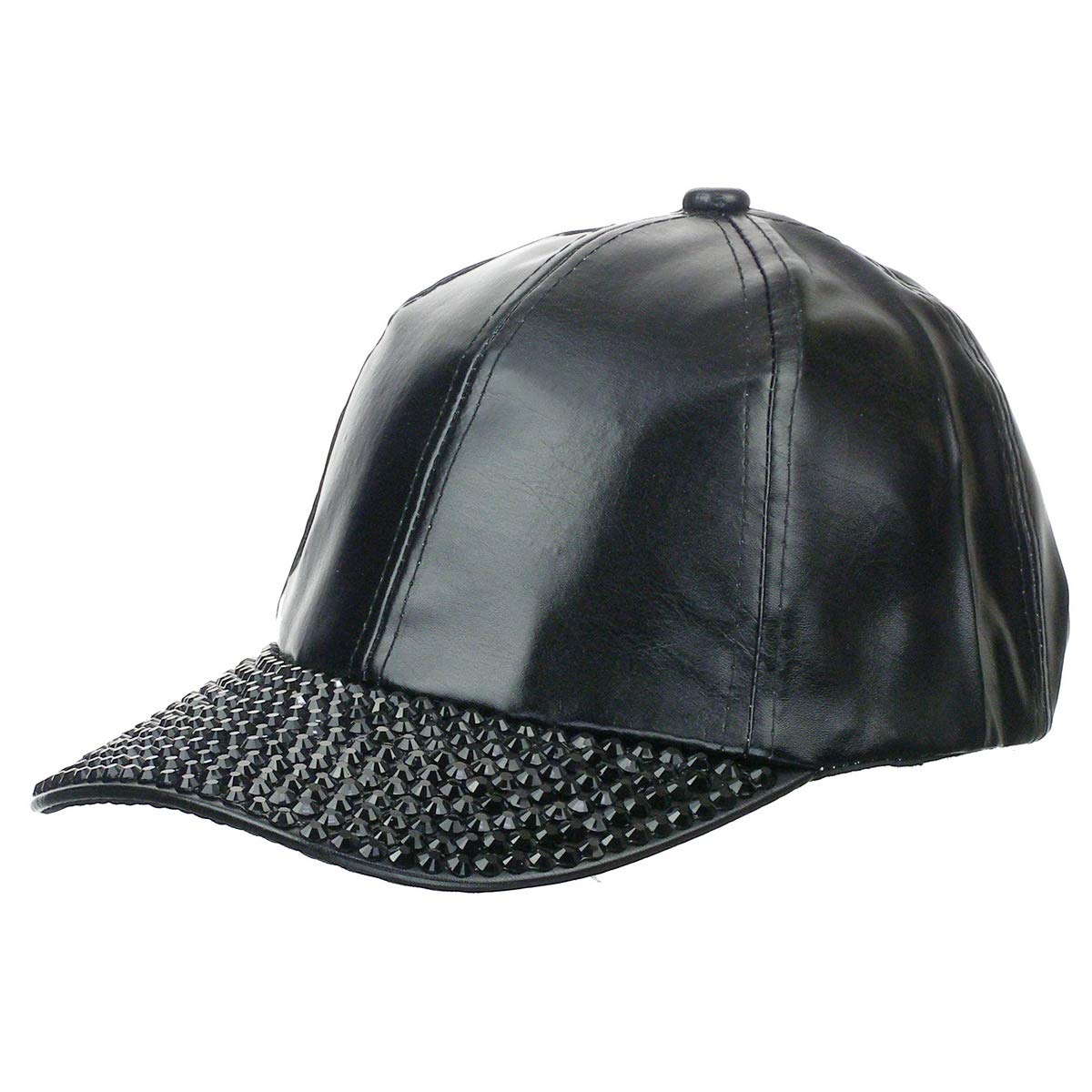 Something Special Women's Faux Leather Bling Baseball Cap with Crystal Brim - All Black