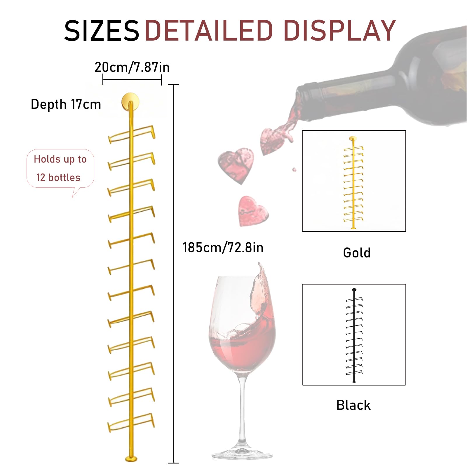 Estante grande de pared para vino, estantes de pared de 185 cm de alto para bar, capacidad para 12 soportes de almacenamiento de vino de metal, para restaurantes comerciales, despensa, bar