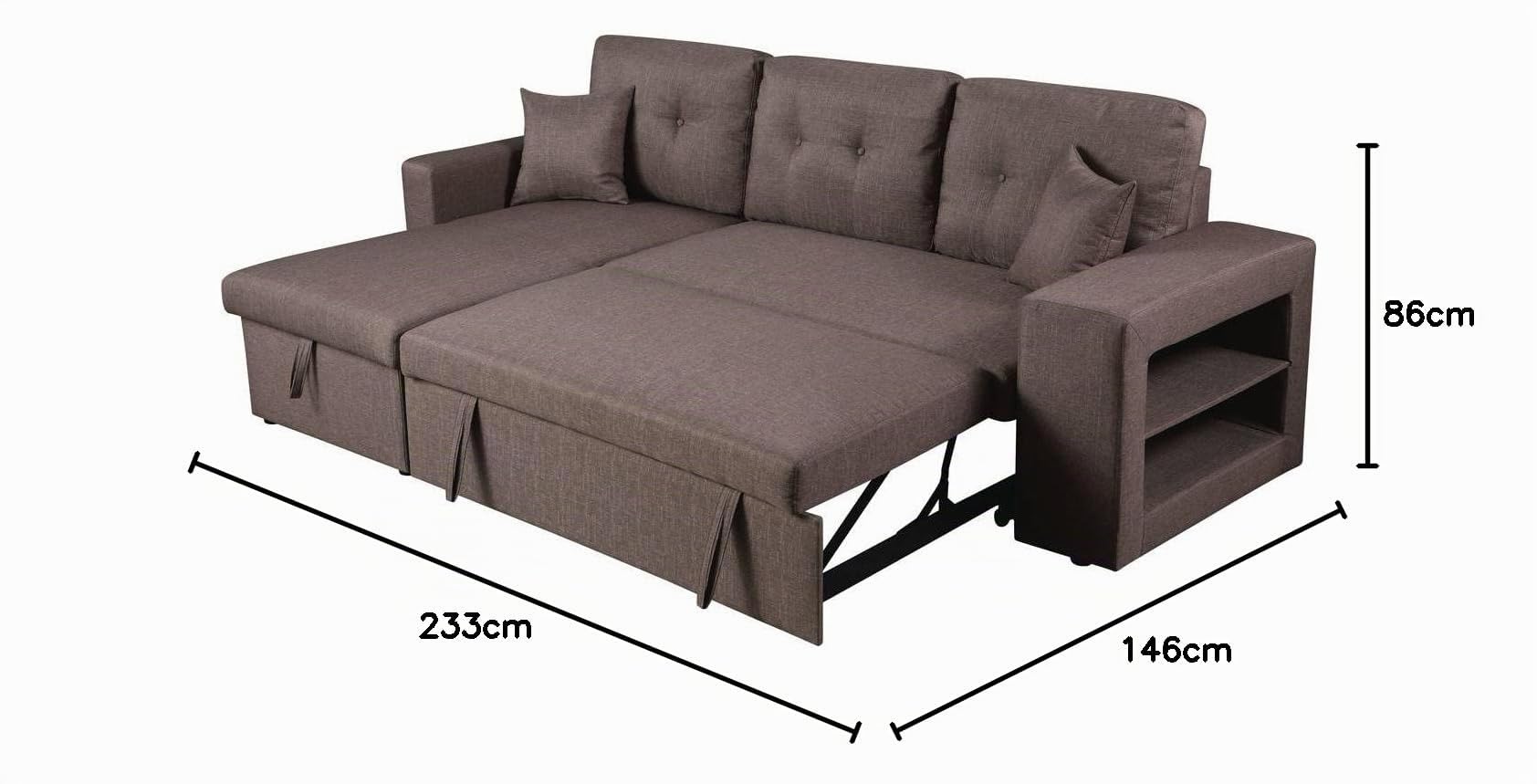 Habitat et Jardin - Canapé d'angle Convertible et Réversible Axel 3 Places Taupe - Canapé Lit Design Moderne en Tissu Lin - Espace de Stockage (Méridienne) + Étagères