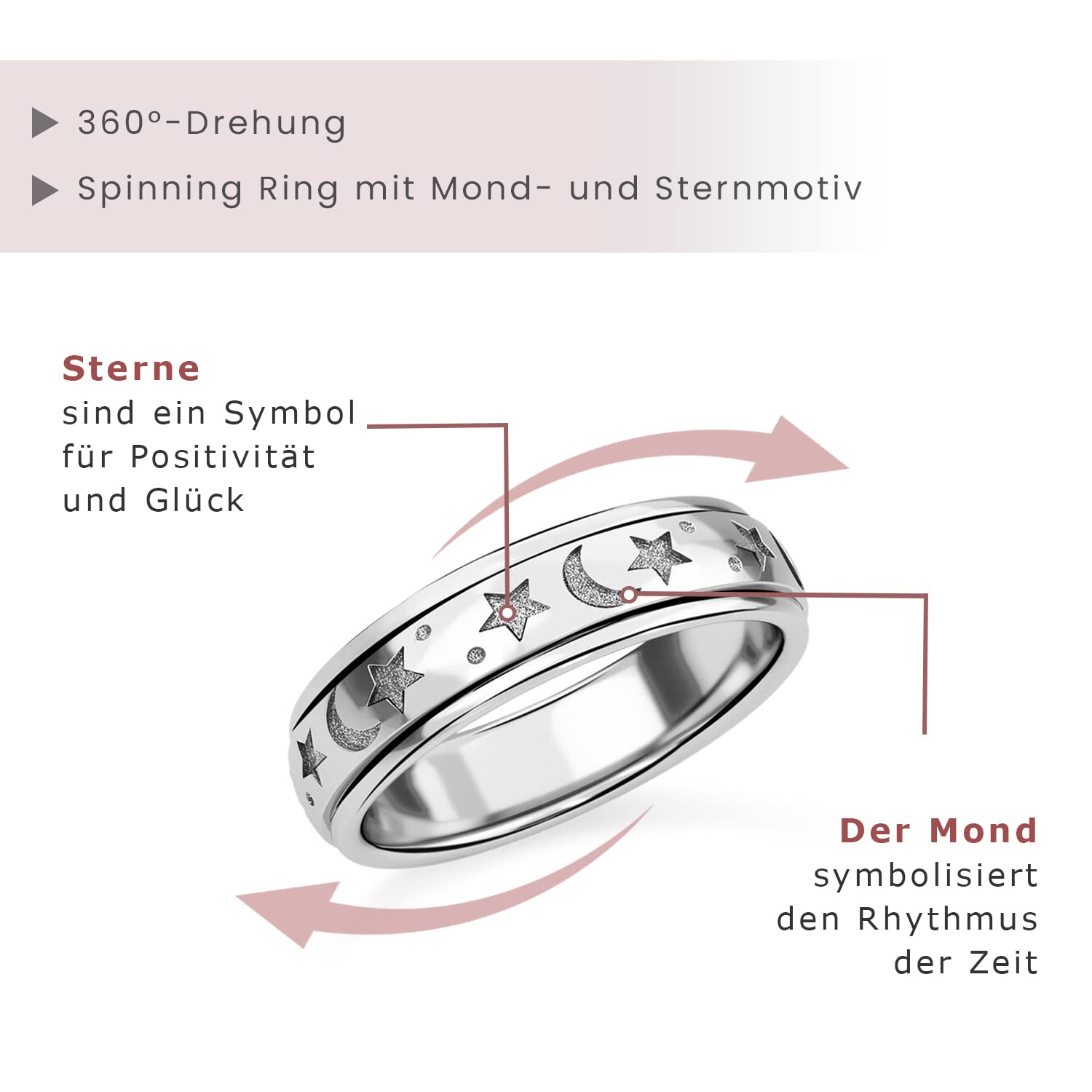925 Silber Spinner Ring für Damen und Herren, Anti-Stress Fidget Ring mit Mond & Stern Design, Meditationsschmuck, Drehband gegen Angst & Nägelkauen