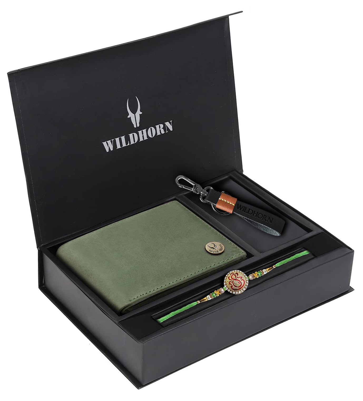 WildHorn Rakhi Gift Hamper for Brother - Classic Men's Combo/Gift Set of Leather Wallet, Keyring, Pen and Rakhi for Brother/Bhaiya. (Green HU)