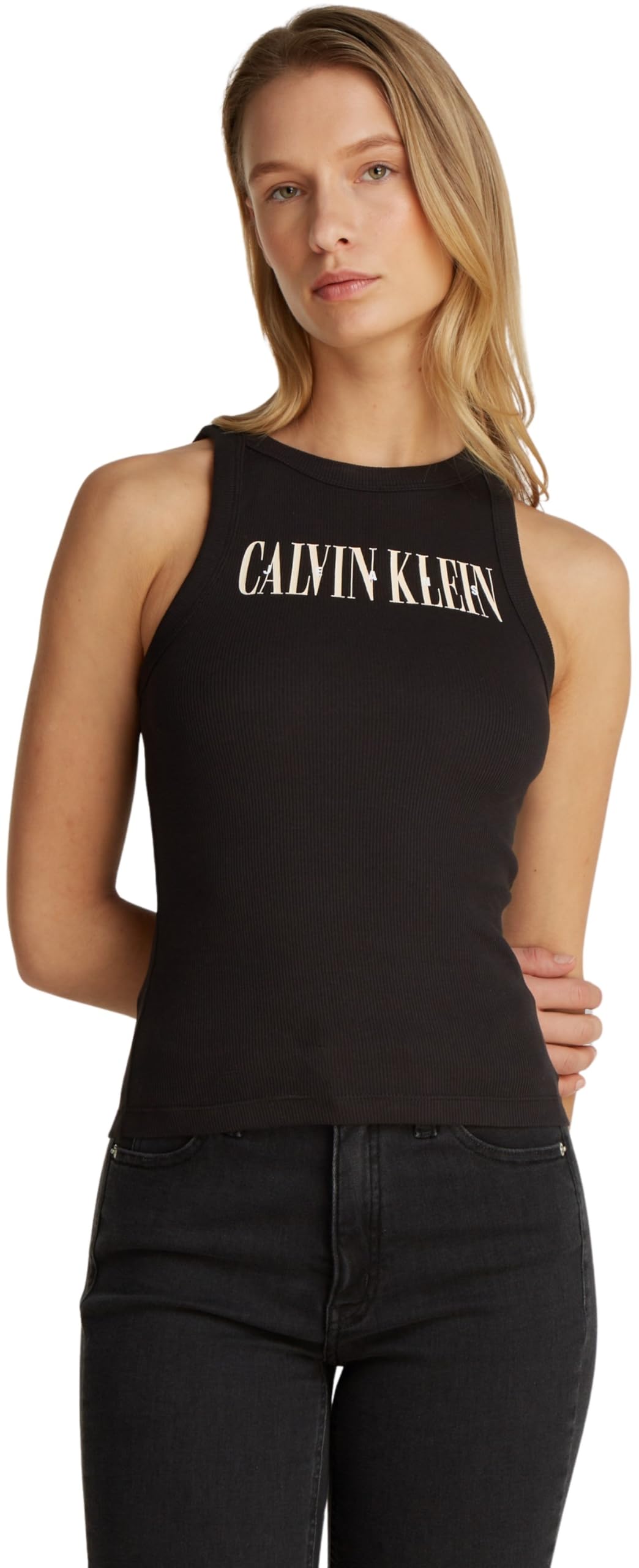 Calvin Klein Women’s Varsity Rib Slim Fit Tank Top, Black (Ck Black), XL