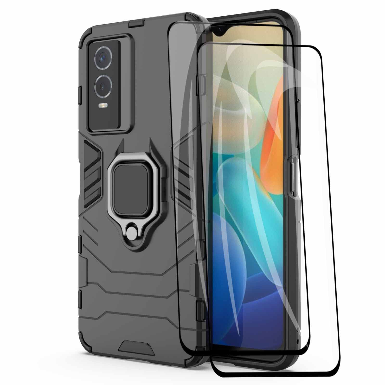 WEIOU Cover Per VIVO Y76 5G Con Anello Girevole 360° + 2 Vetri Temperati - Custodia Antiurto TPU+PC, Supporto Magnetico, Nero