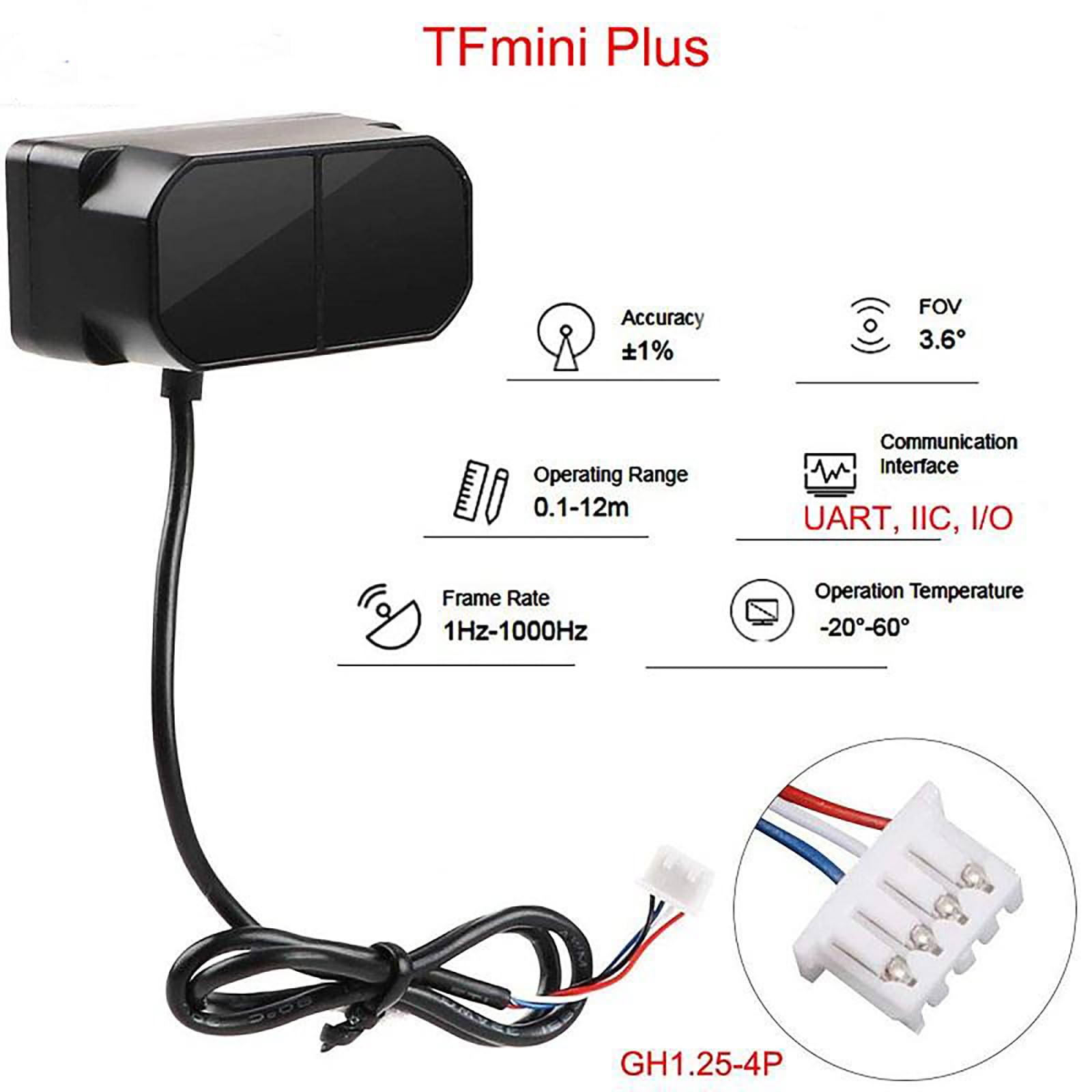 Benewake Radar laserowy TFmini Plus LiDAR, zasięg 12 m, wodoodporny, IP65, interfejsy UART/I2C/I/O, do Pixhawk, robotyki, dronów i automatyki przemysłowej