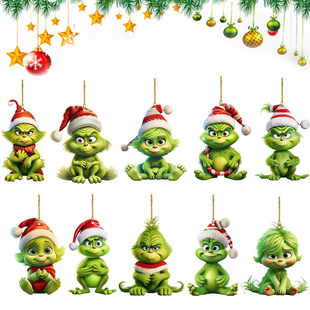 ToVii 10Pcs Christmas Tree Acrylic Pendant, Cute Cartoon Grinch Christmas Ornament, Funny Green Xmas Tree Accessories