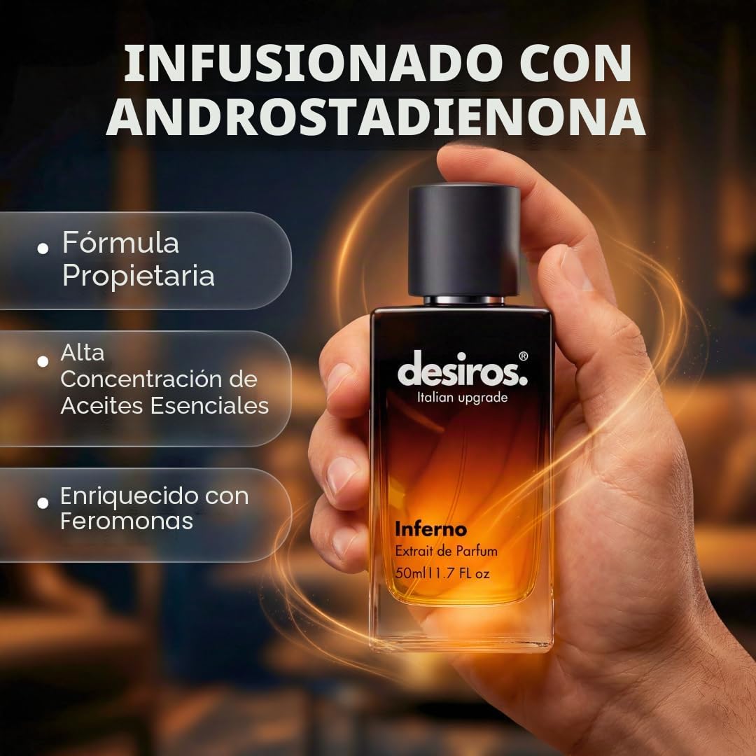 Desiros Inferno – Extracto de perfume para hombre sensual de larga duración | Elegancia italiana y atracción irresistible | Notas cítricas, frescas y amaderadas | Concentración 25% de aceites