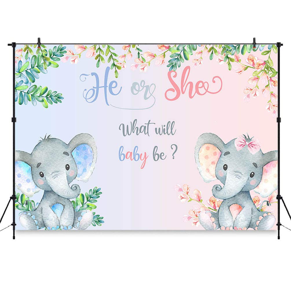 COMOPHOTO Elephant Gender Reveal Backdrop Pink or Blue Flowers Baby Shower Photography Background He or She Gender Reveal Party Banner Cake Table Decorations Backdrops (7 x 5 ft)