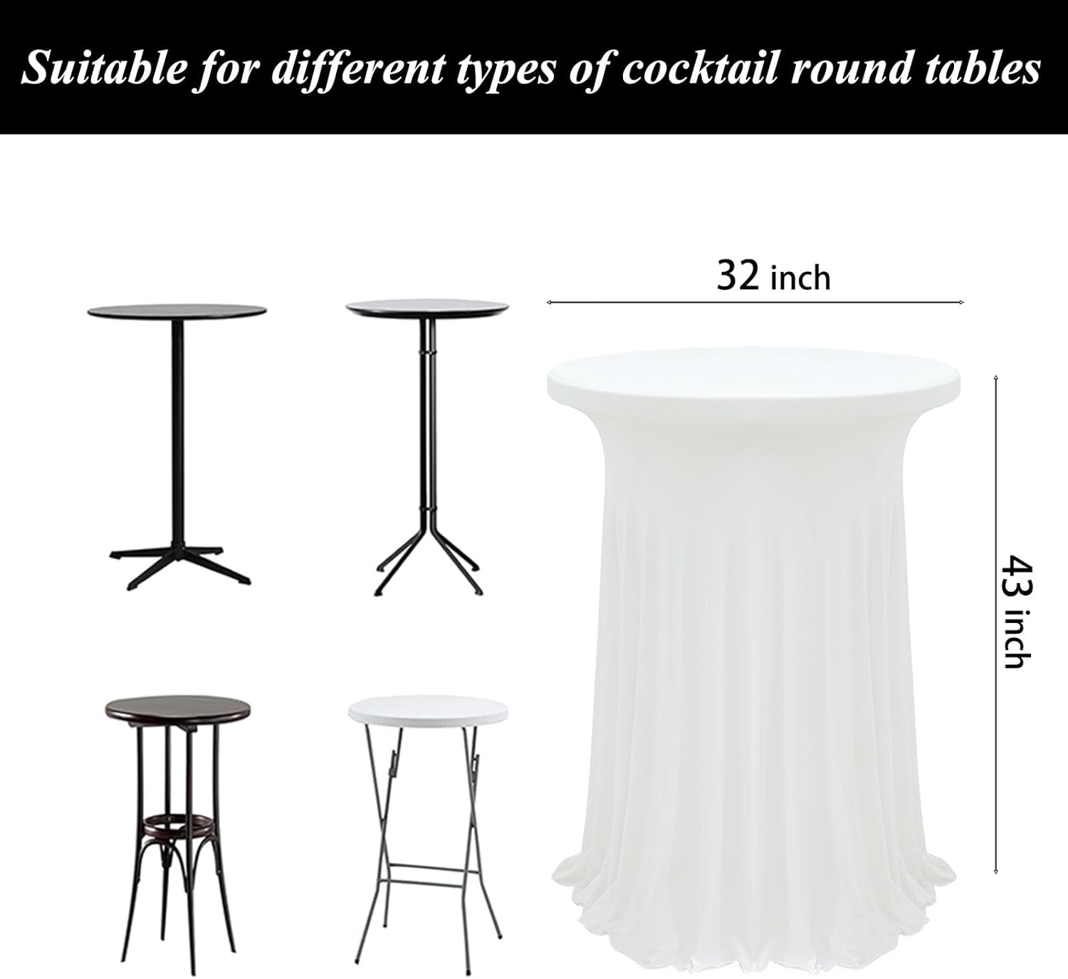 4Pack White Cocktail Tablecloth 32"x 43" Table Skirt Spandex Stretch Round Cocktail Table Cover with Wavy Drapes Fitted High Top Covers for Wedding Party Banquet