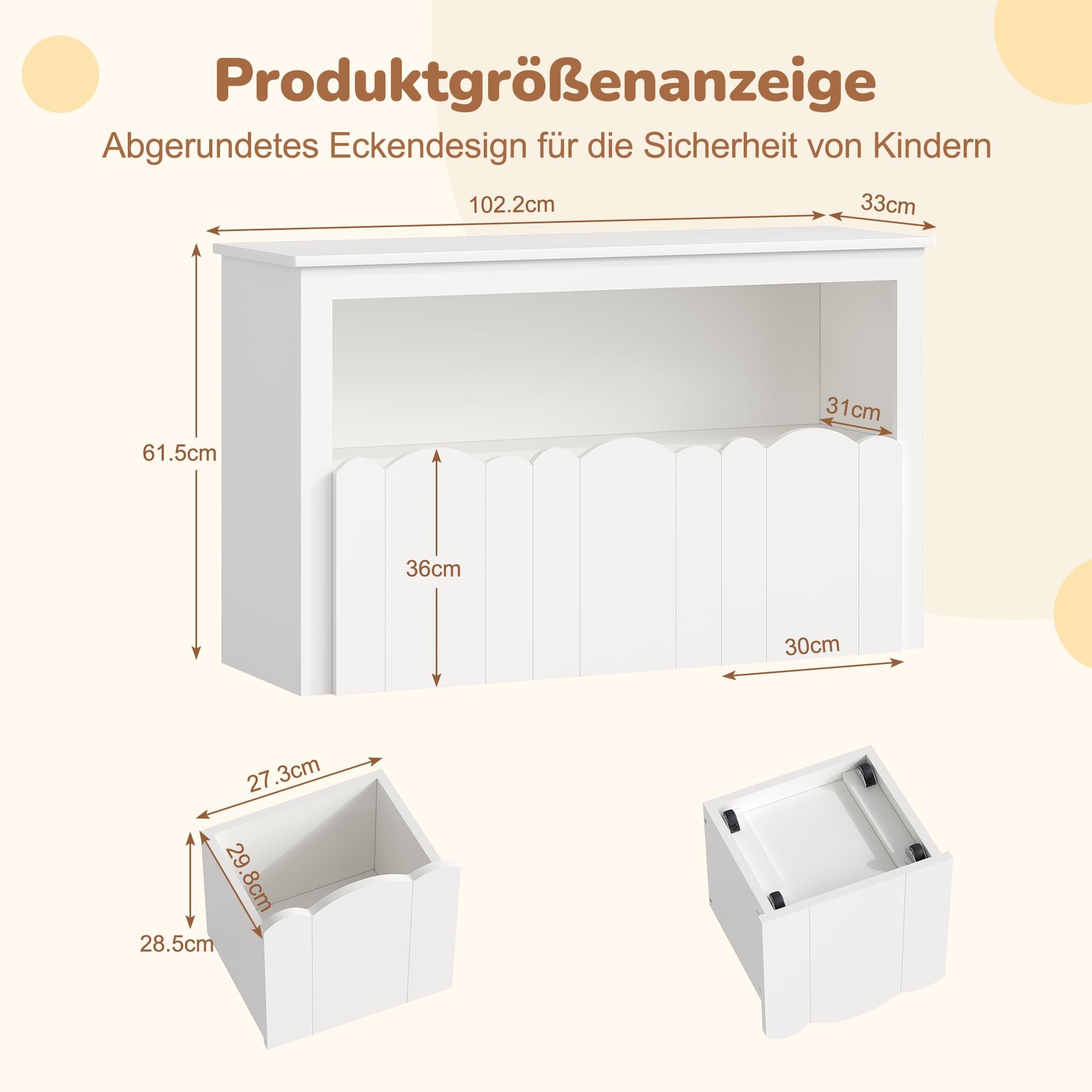 YOUDENOVA Kinderregal, Kinderzimmer Möbel mit 3 Boxen, Spielzeug Aufbewahrung auf Rollen, 102,2x33x61,5 cm, Aufbewahrung Kinderzimmer für Bilderbücher, Geschichtenbücher und Spielzeug, Weiß