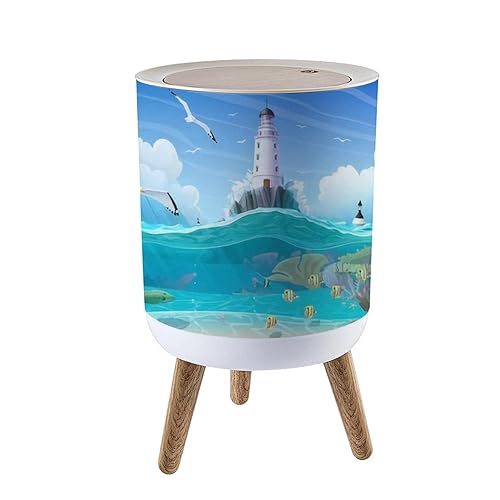 Bote de basura con tapa de dibujos animados Faro de mar Puerto náutico Clipart Cubierta de prensa Pequeño cubo de basura redondo con patas de madera