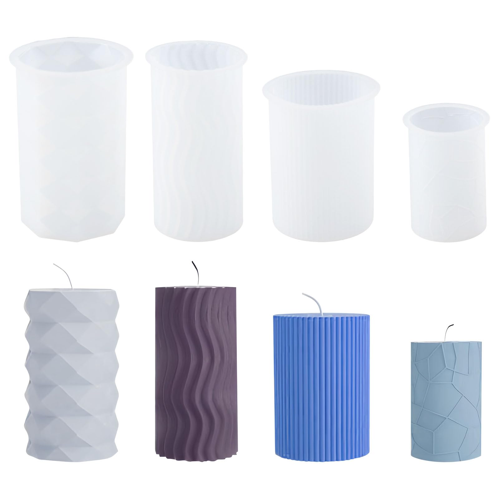 4 Pcs Moldes Velas, Moldes de Silicona para Hacer Velas Grandes, 3D Forma de Vela Blanco, Moldes de Fundición Pilares Reutilizables, Molde para Bricolaje Jabón Hogar Decoración, Antiadherentes