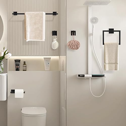 Miniatura 7 de YACVCL Juego de accesorios de baño negro, juego de 5 accesorios de baño, juego de barra de toallas de baño de 23.6 pulgadas, toalleros de acero