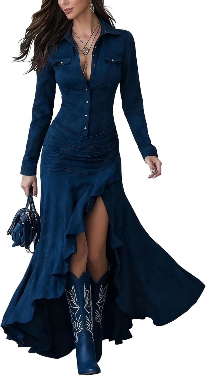 Vintage Western Dresses for Womens Casual Long Sleeve Button Down Lapel Fishtail Hem Retro Boho Long Dress