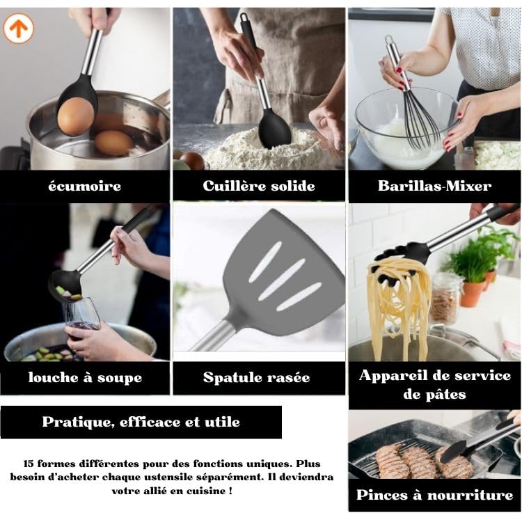 TINA&CO Silicone Kitchen Utensils Set of 15 Kitchen Utensils with Stainless Steel Handle, Heat Resistant, Non-Stick, Large Spatulas, Dishwasher Safe (Black)