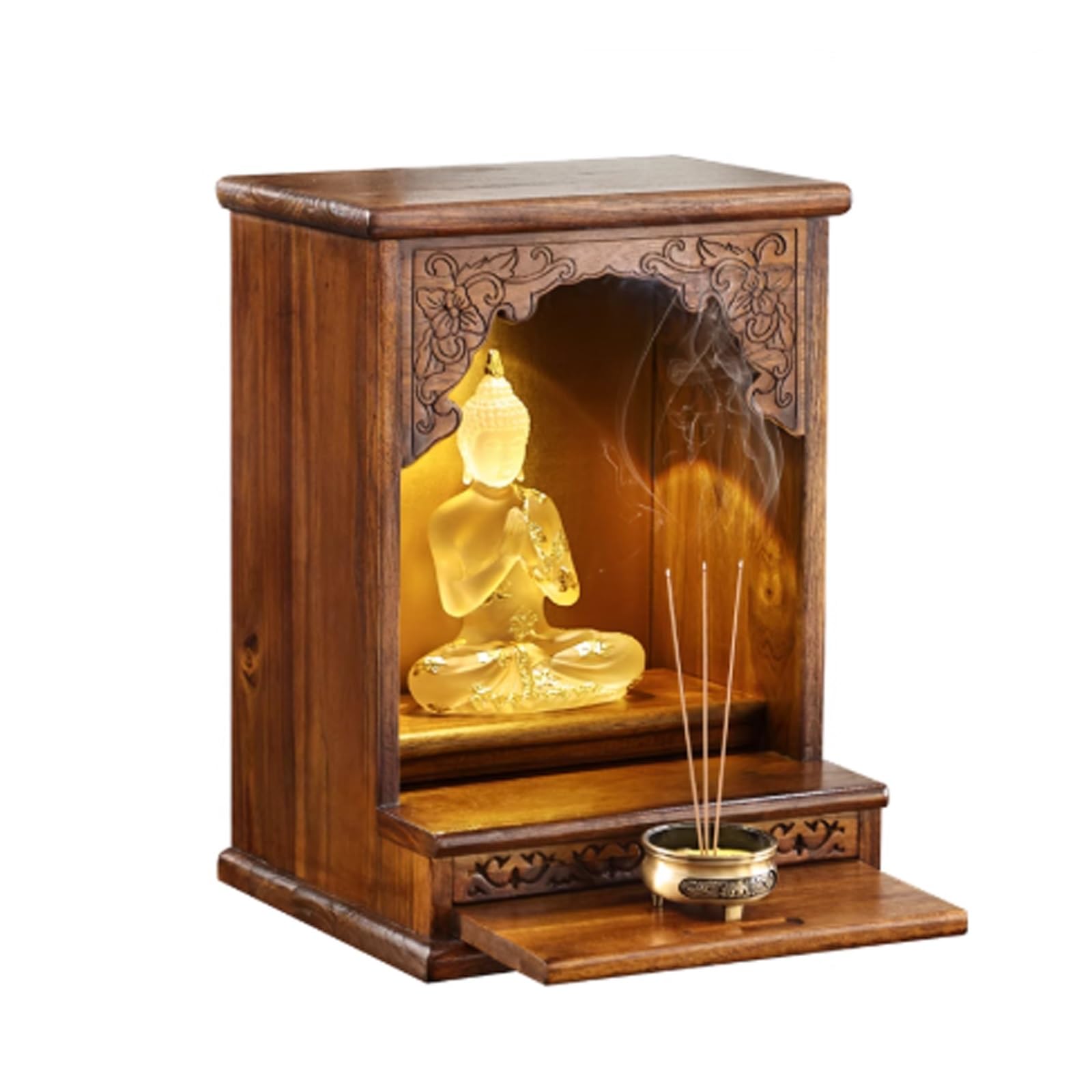 JNTFNE Wall-Mounted Buddha Statue Stand with Night Light Household Small Buddhist Shrine Altar Table Teak Prayer Offering Retractable Pull Plate Shelf(Wall-Mounted Type)