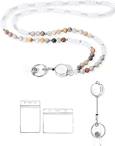 COTATI Teacher Lanyard for Id Badges and Keys,Retractable Beaded Cute Lanyards for Women Card Badge Holder (Silver-Brown)