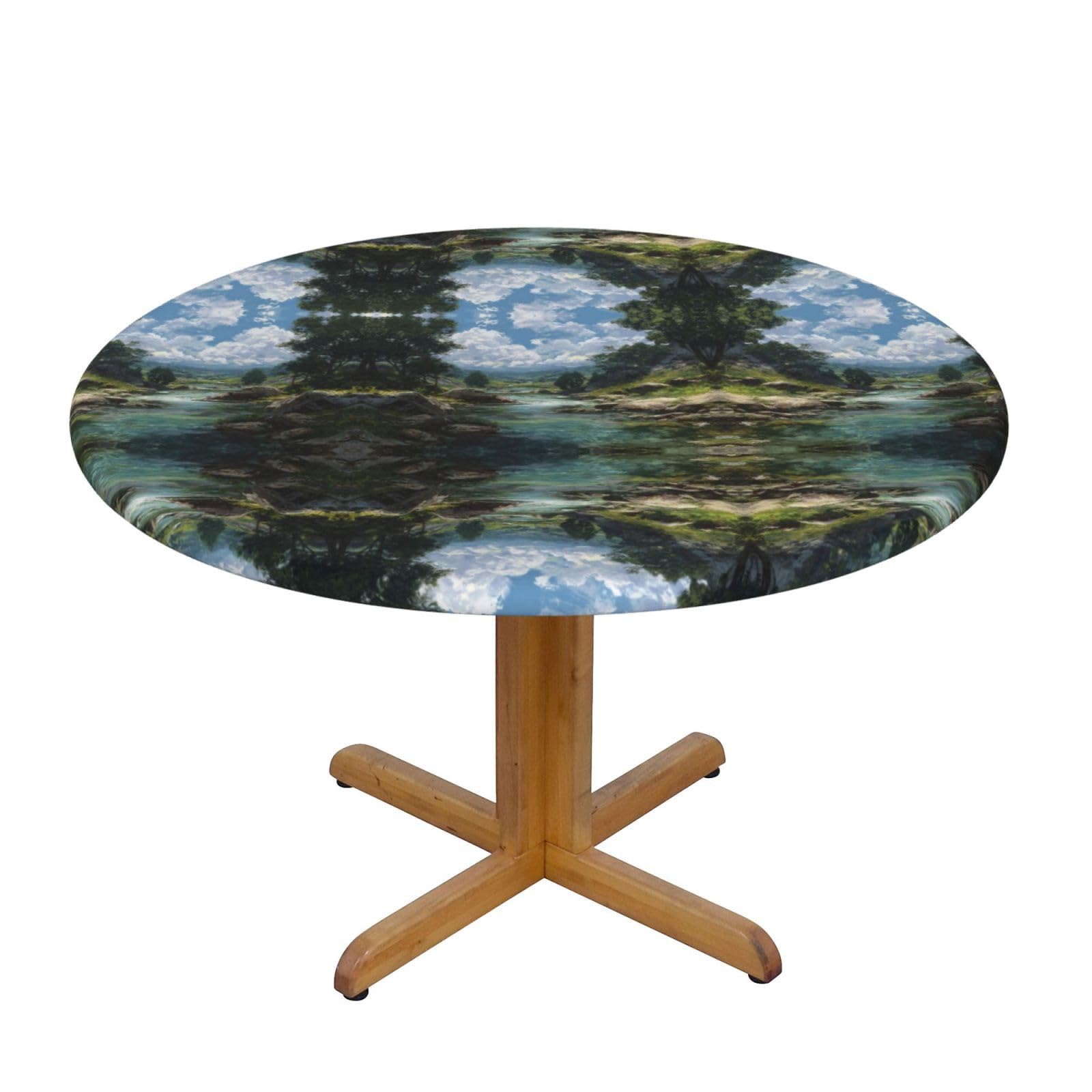 EZDLOWVBA River scenery print Round Tablecloth with Elastic Fits Tables Outdoor Tablecloth,Stain Resistant Table Cover for Kitchen Dining Parties