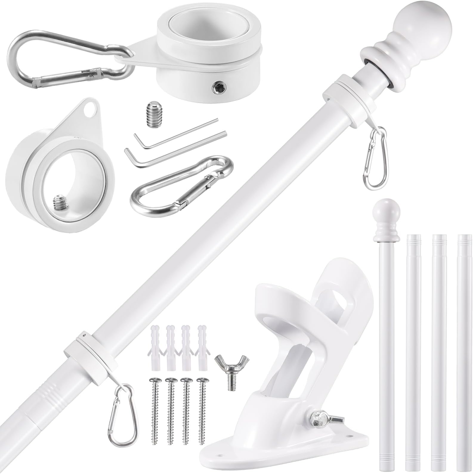 - BONWIN White Flag Pole Kit for House, 5FT Thickened Stainless Steel Outside Wall Mount Flagpole for 3x5' Flag, 1" Tangle Free Rotating Flag Pole Rings & 2-Position Bracket Holder for Porch Residential