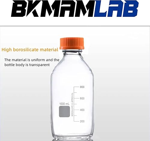 Miniatura 7 de Botellas redondas de almacenamiento de medios de 33.8 fl oz con tapa de rosca GL45, vidrio de borosilicato, temperatura máxima 249.8 F, paquete de 3