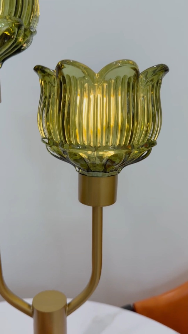 Image of Lightdot Flower Table Lamp for Bedroom Vintage Green Glass Lamp Dimmable | Mid Century Modern Gold Desk Lamp 2 Bulbs Included Warmwhite Ambient Nightstand Bedside Lamps for Living Room Home Decor Gift
