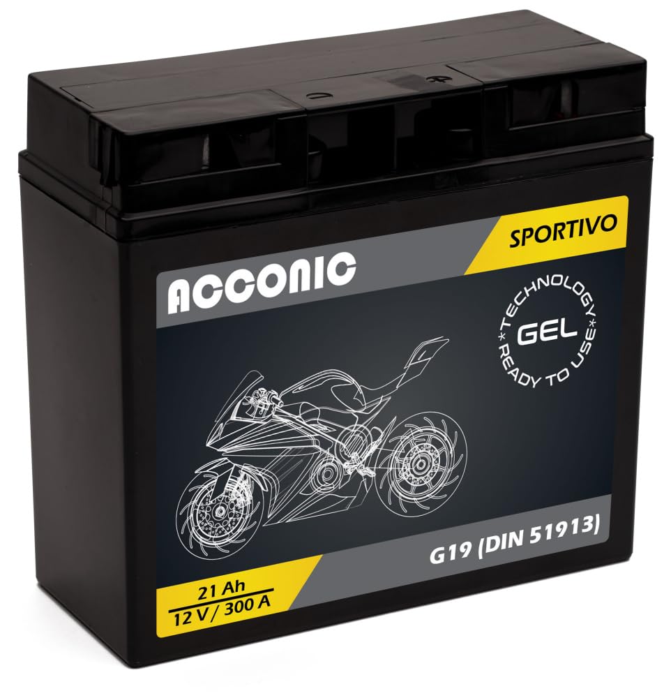 Acconic Sportivo GEL G19 Gel12-19 12N19AH Motorradbatterie 12V 21Ah 300A DIN 51913 Maße: 181 x 77 x 167 mm wartungsfrei, & auslaufsicher