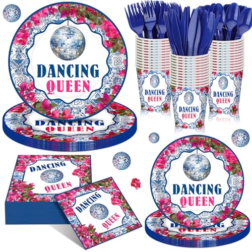 Sunnychicc 168 Pcs Dancing Queen Party Decorations Retro Disco Birthday Party Supplies Queen 17th Paper Plates Napkins 70s Disco Bachelorette Decor Blue Tiles Rose Red Floral Tableware Set Serves 24