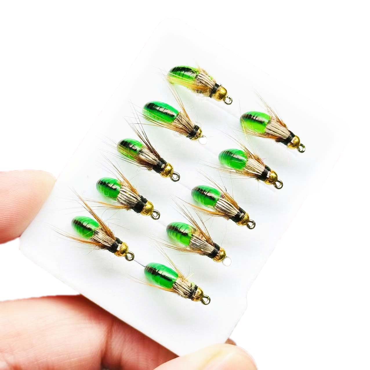 Qitewwrme 10Pc Wet Flies Bait Fly Fishing Flies for Bass Trout Pike Salmon Brass Head Caddis Nymph Handmade Fishing Bait Artificial Insect Lure (Green)