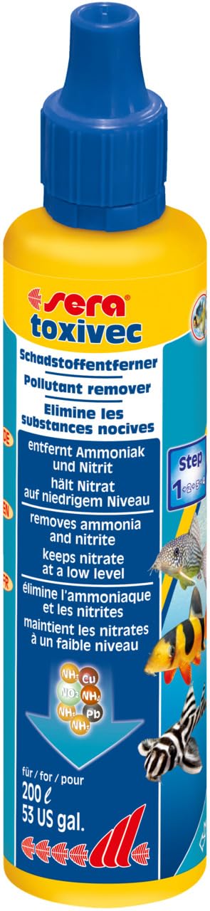 sera Toxivec 50 ml water conditioner for aquariums, removes fish-toxic ammonia, nitrite, binds heavy metals such as lead, copper, removes chlorine, chloramines, reduces nitrate so algae