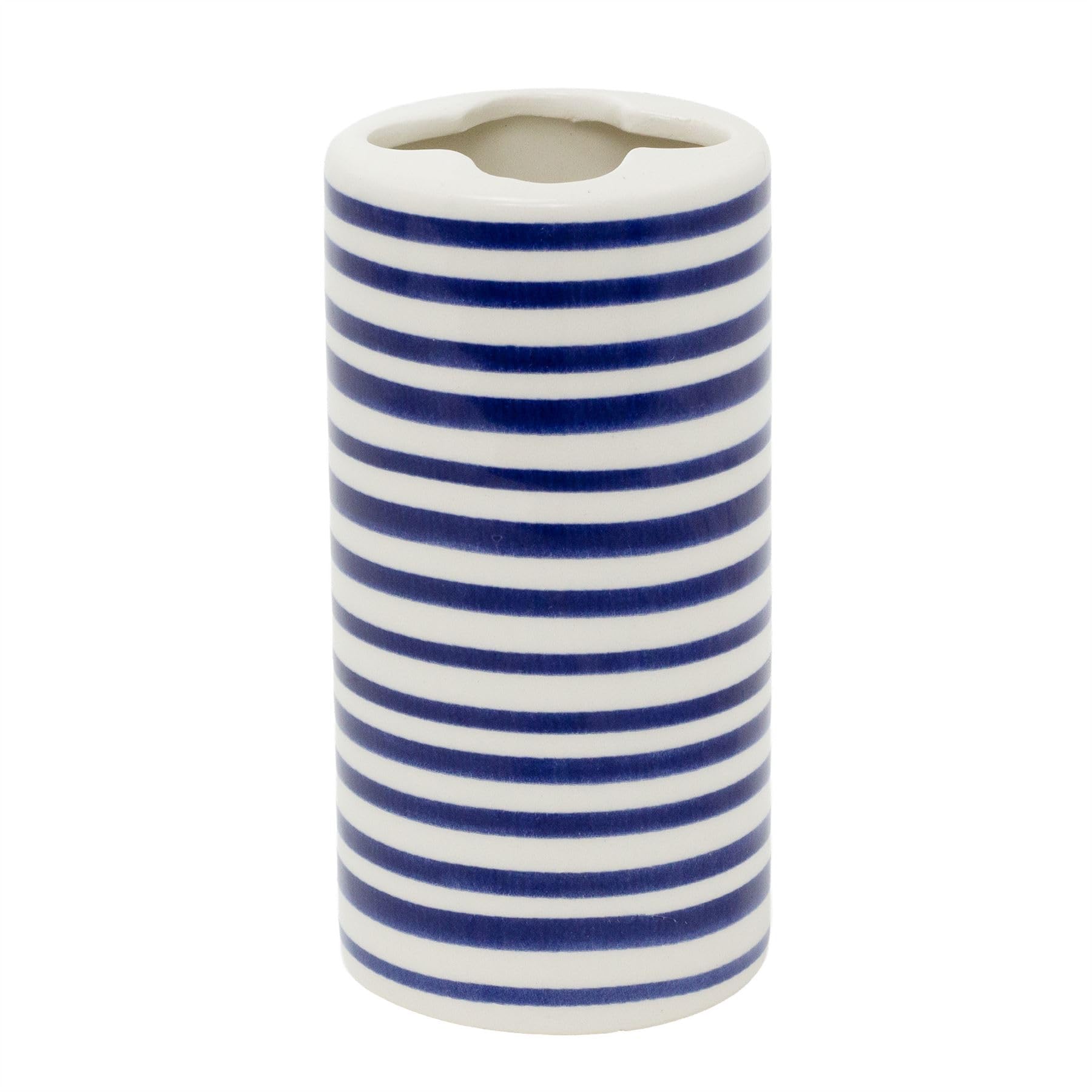 Carousel Home White Jeff Banks Ceramic Toothbrush Holder, Bathroom Caddy Toothbrush Pot With Striped Blue Design, 13Cm Tumbler Storage Cup