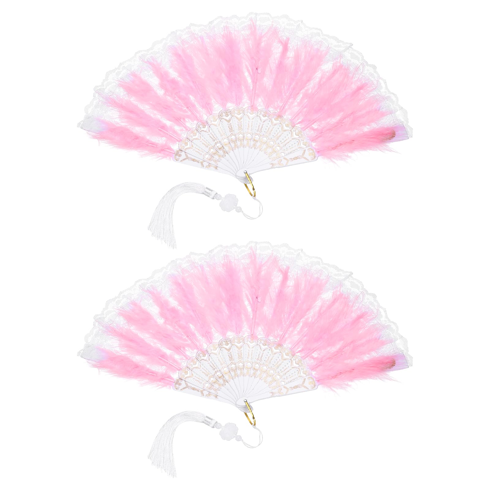 sourcing map 2 Pcs Vintage Folding Fan, Embroidered Flower Marabou Feather Fans 20s Vintage Style Handheld Folding Fan for Dancing Wedding Show Party Tea Party Occasions, Pink(Lace)