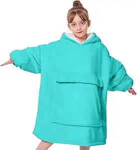 yescool Wearable Blanket Kids Hoodie, Birthday Teen Girls Gifts for 8-15 Year Old Kids Oversized Sweatshirt Sherpa Flannel Cozy Hooded Blanket with Pocket for Children, Youth Teens, One Size, Teal
