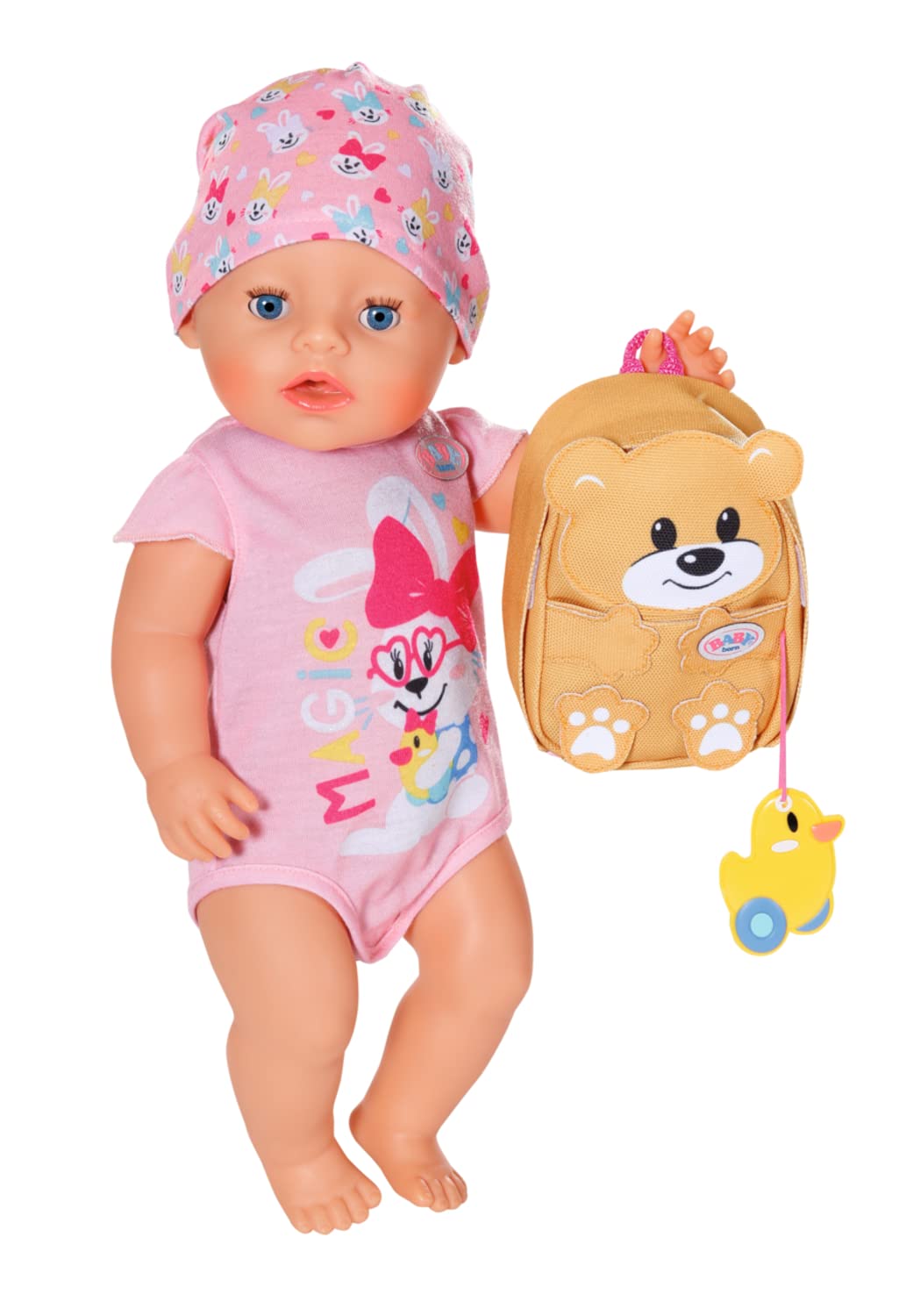 BABY born Kindergarten Ensemble Sac-à-Dos 834961 - Accessoires pour poupées Comprend 1 Sac-à-Dos en Forme d'ours avec Une étiquette Canard, 1 boîte-Repas & 1 biberon - Dès 3 Ans