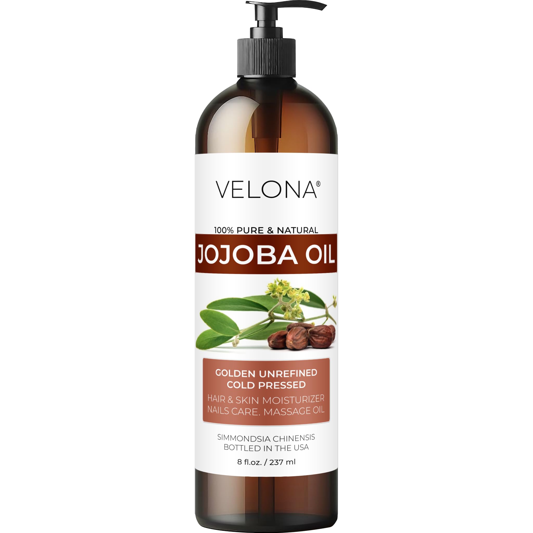 velona Jojoba Oil - 8 Fl Oz (With Pump) | 100% Pure and Natural | Golden, Unrefined, Cold Pressed, Hexane Free | Moisturizing Face, Hair, Body, Skin Care